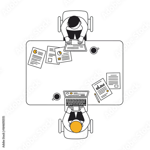 Top-down view of two people working on laptops at a table with documents and coffee cups, illustrating a business meeting or collaboration.