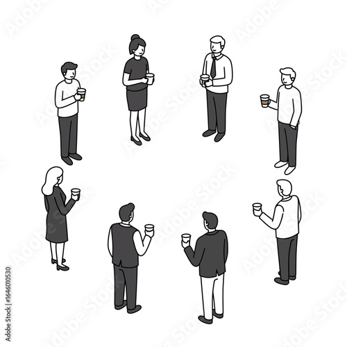 Isometric illustration of eight diverse people standing in a circle, holding cups, engaged in a social or business gathering.