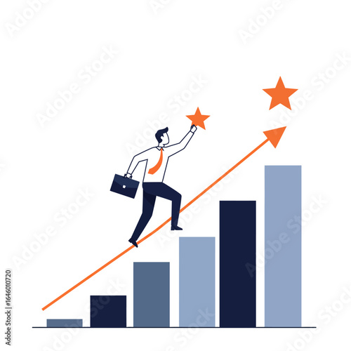 Businessman climbing a bar chart towards a star, symbolizing career growth and success.