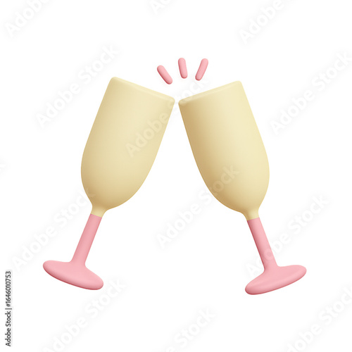 Two 3d rendered champagne glasses clinking together with pink accents isolated on transparent background