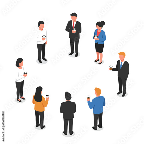 Isometric illustration of diverse business people standing in a circle, holding coffee cups, engaged in a casual meeting or networking.