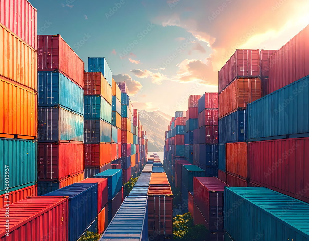 Fototapeta premium Colorful cargo container stack at commercial port with freight ship. dramatic sunset over harbor suggests global trade, transport, and successful business logistics