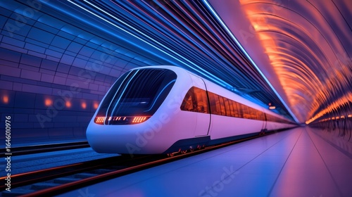 Hyperloop train travelling at high speed through a tunnel View from the front of a hyperloop train, tunnel lights rushing towards the viewer.