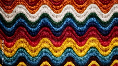 Colorful knitted wool fabric with wavy pattern creating vibrant texture