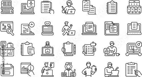 Multitasking icon set, task, plan, organisation, schedule, workflow, checklist, contract, decision, document, goal, list, management, manager and more vector illustration