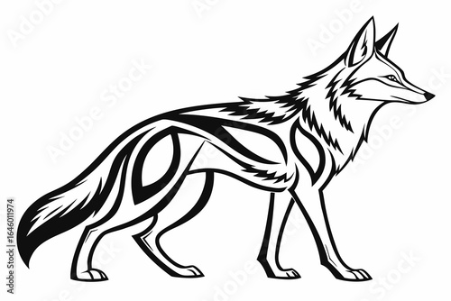 Stylized Black and White Coyote Illustration.