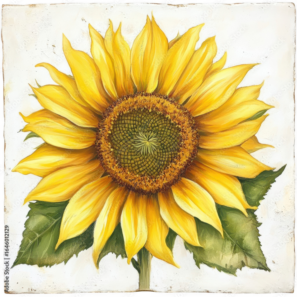 Naklejka premium A vibrant yellow sunflower with detailed petals and green leaves, a beautiful botanical illustration isolated on transparent background