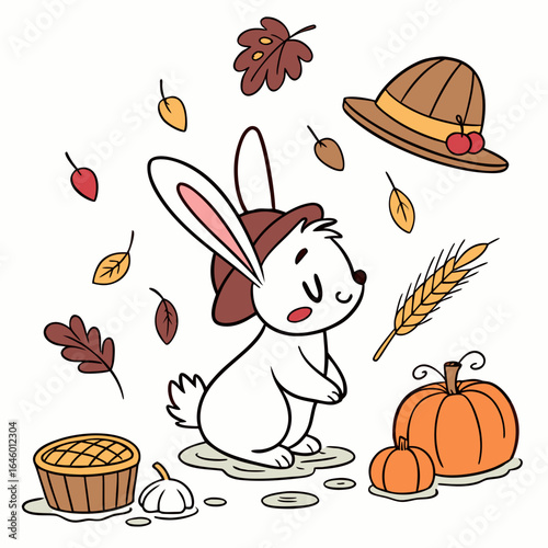 Cute SVG of a Peaceful Bunny in Harvest Blessings colors, featuring splashing in puddles in a Thanksgiving setting