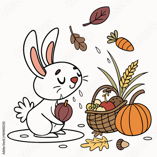 Cute SVG of a Peaceful Bunny in Harvest Blessings colors, featuring splashing in puddles in a Thanksgiving setting