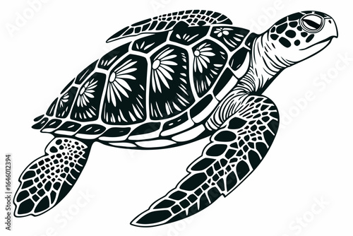 Stylized Black and White Sea Turtle Illustration.