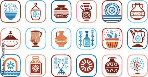 Assortment of Hand Drawn Decorative Vases, Plants, and Objects in Various Colors pottery ceramic