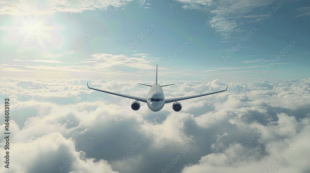 Fototapeta premium airplane flies above fluffy white clouds under bright sky. It evokes a feeling of freedom and adventure.