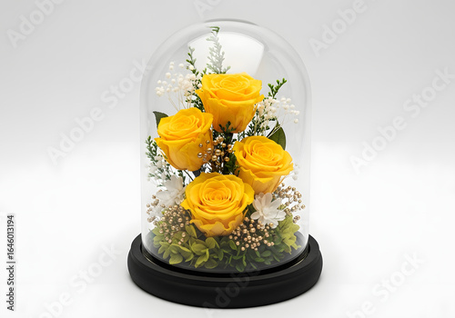 Four yellow roses preserved in a glass dome with a black base preserved rose eternal rose