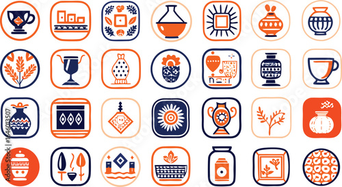 Collection of Hand Drawn Decorative Objects and Vases in Orange and Blue pottery ceramic