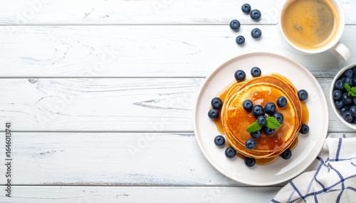 Delicious homemade pancakes with fresh blueberries and maple syrup for breakfast on a white wooden table. Top view with copy space.