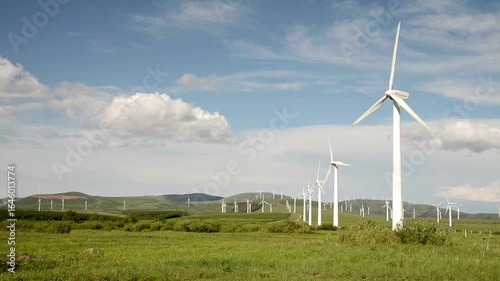 Wind turbine farm on a green field with blue sky and white clouds