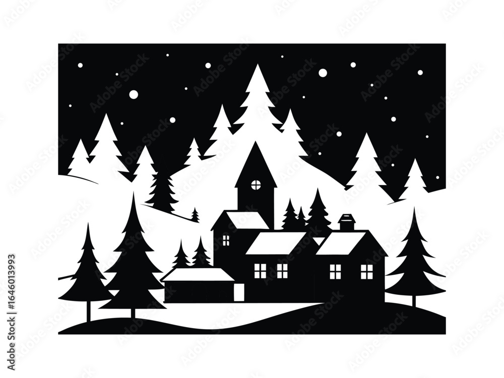 Fototapeta premium Christmas village silhouette black and white