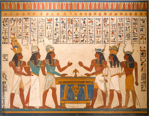 Ancient egyptian art mural painting inside pharaoh tomb depicts solemn scene with god figures and hieroglyph writing. wall decoration shows sacred historic ritual