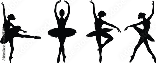 Ballet dancer silhouette, ballerina performance poses, classical dance art vector, elegant tutu costume illustration, black isolated graceful woman dancing set