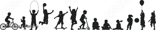 Children silhouette playing, riding bikes, skipping rope, holding balloons, outdoor fun vector, kids activity illustration, playground scene, childhood recreation, black isolated figures
