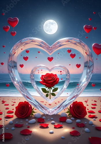 Romantic beach scene with crystal heart, red rose and moonlit sky romance love