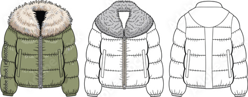 Women’s winter puffer jacket with detachable faux fur collar – warm quilted zip-up coat for cold weather, fashion-forward outerwear for casual outfits