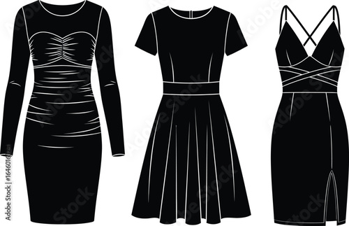 Vector three elegant black dresses isolated on white background