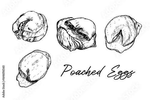 Poached eggs, prepared eggs dish - sketch drawings, outline illustrations set in engraving style. Hand-drawn vector line art cliparts isolated on a white background