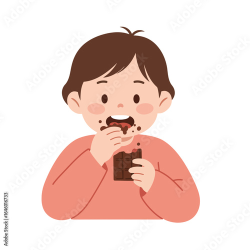 Colorful vector illustration of child eating chocolate and enjoying sweet treat with messy hands and crumbles. Unhealthy eating concept