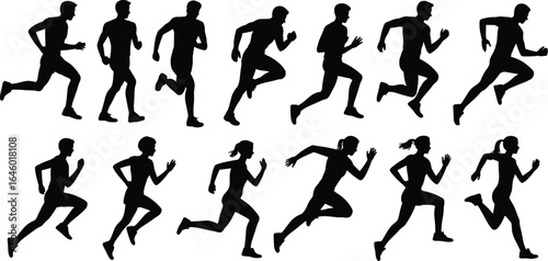 Running silhouette, male and female athletes, sprinting action poses, jogging fitness training, sport movement illustration, black vector, workout exercise figure set