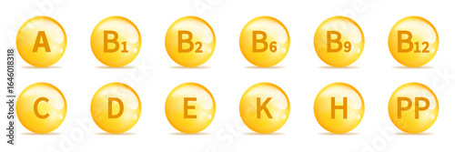 Vitamin icon collection, symbol. Vitamins A, B, B1, B2, B6, B9, B12, C, D, E, K, H, PP groups. Maintaining health. Complex of vitamins icons. Main multivitamins for human health. Vector illustration.
