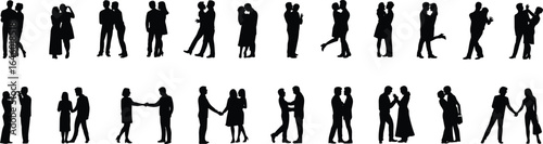 Silhouette couples romantic poses, people love affection, man woman relationship icons, dating romance art, hugging, holding hands, black vector illustration set