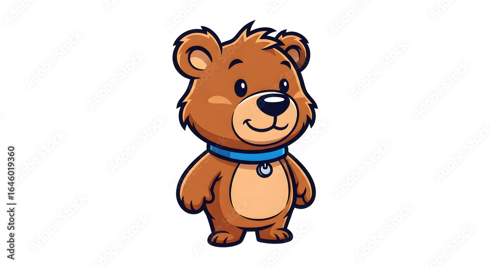 Fototapeta premium Cartoon brown teddy bear with blue collar on a plain background. Cute stuffed animal happy character design. Children toy art.