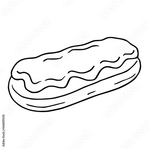 A vector illustration of a single eclair pastry with wavy icing, depicted in a hand-drawn style with bold black outlines against a white background, showcasing a simple yet appealing design suitabl...