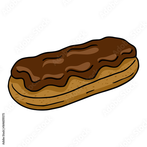 A vector illustration of a delicious eclair pastry with a rich chocolate topping, showcasing a hand-drawn style with textured brown and dark brown tones.