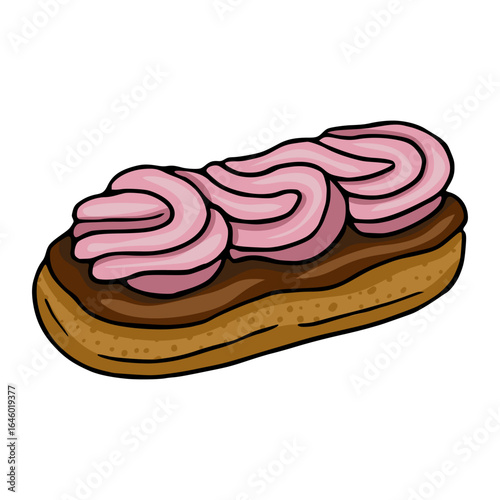 Delicious vector illustration of a single eclair pastry with pink cream swirls and chocolate topping, presented in a hand-drawn style with detailed texture and shading.