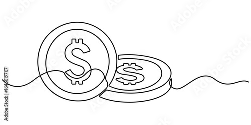 Coins stack continuous one line drawing. Coins money in simple linear style. Coins money symbol of financial success and investment business. Money concept. Vector illustration.