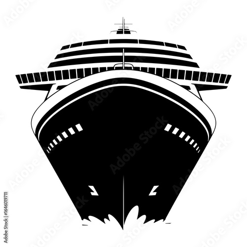 Black and white graphic of a large cruise ship sailing through water ocean liner vessel