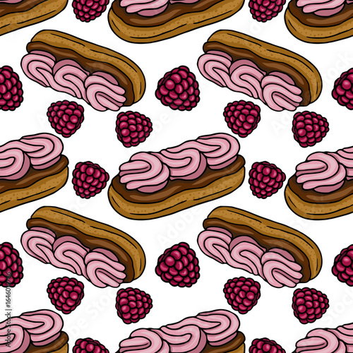 Seamless vector pattern of delicious eclairs with pink cream and scattered raspberries, featuring a hand-drawn style with a playful, appetizing aesthetic.