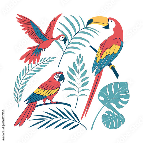 Vibrant tropical birds including macaws and a toucan with lush green foliage, set against a clean white background