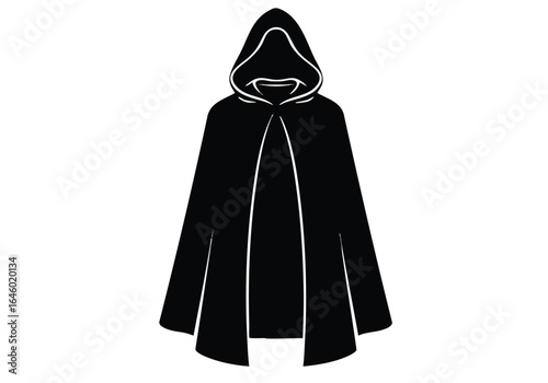 Mysterious hooded cloak silhouette vector graphic for fantasy adventure game and dark sorcerer theme exploration illustration design element