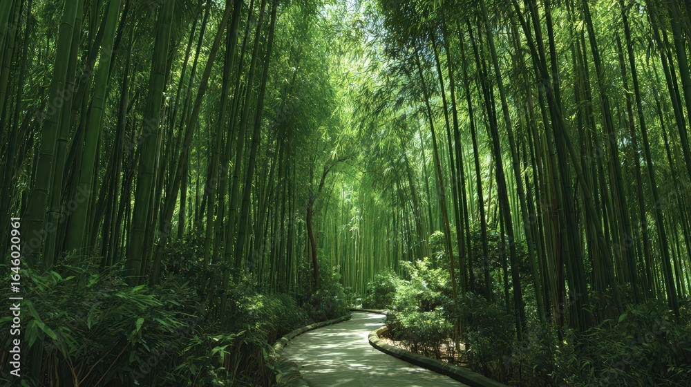 Obraz premium Serene Winding Path Through Lush Green Bamboo Forest isolated on a transparent background