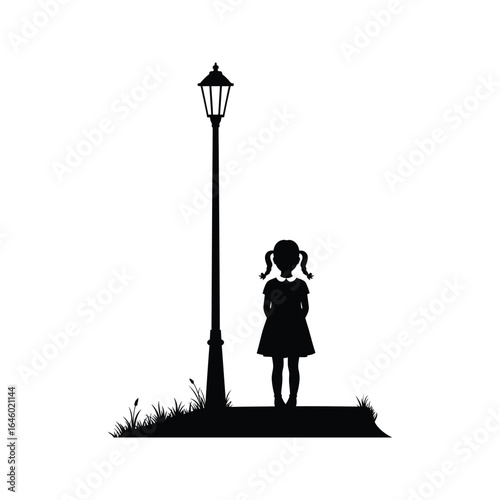 Silhouette of a Little Girl Standing by a Lamppost Black and White Vector Illustration