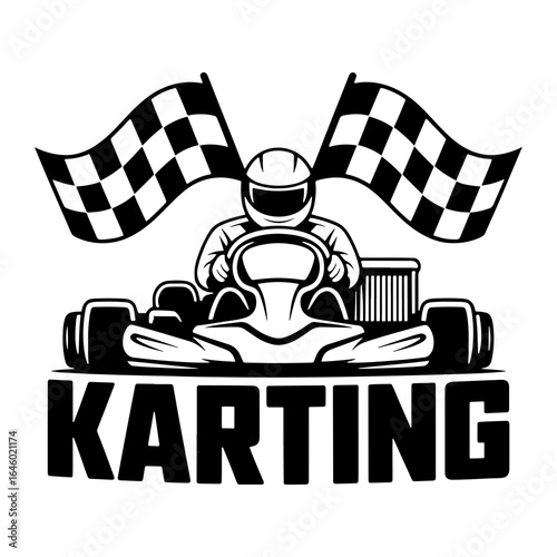 Go kart driver with checkered flags and text racing helmet