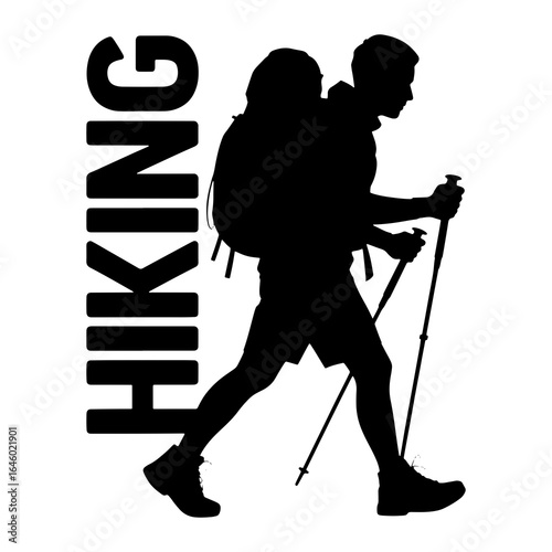 Silhouette of a hiker with trekking poles and backpack vector