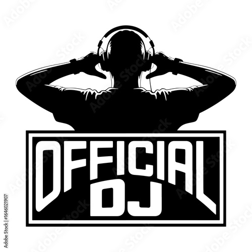Silhouette of a person wearing headphones and the words official dj music entertainment