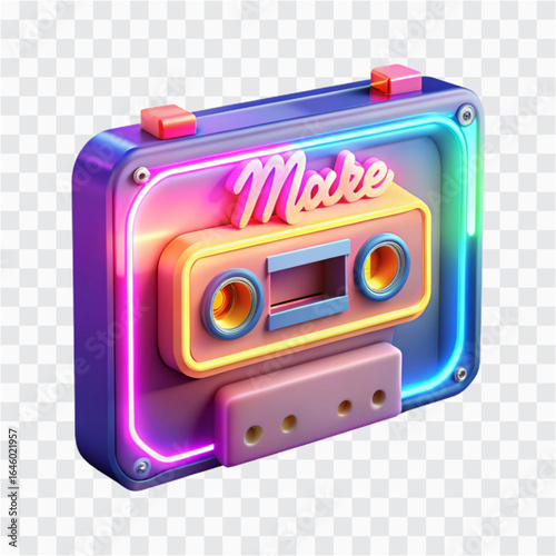 3D Neon Glow Mixtape | Music Media, Retro Audio Icon & DJ Symbol