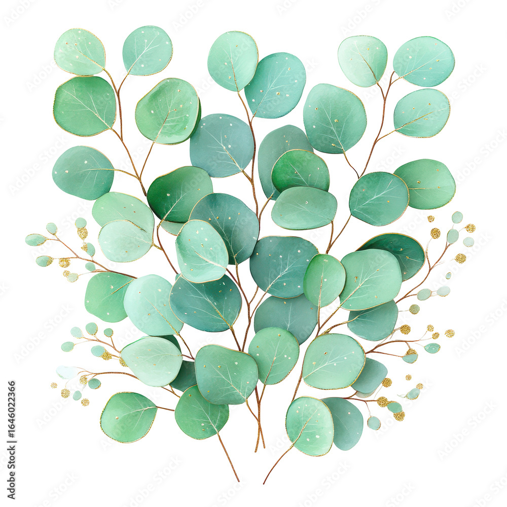 Obraz premium Elegant watercolor eucalyptus leaves with gold accents on a black backdrop.