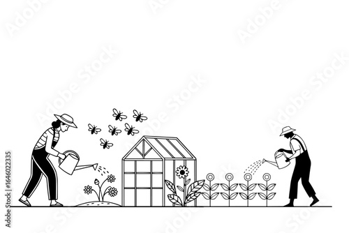 man and woman working in the green house,  field silhouette