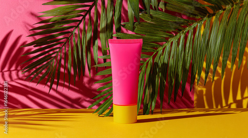 Bright pink sunscreen tube with yellow cap and tropical leaves on a vibrant background, summer skincare product